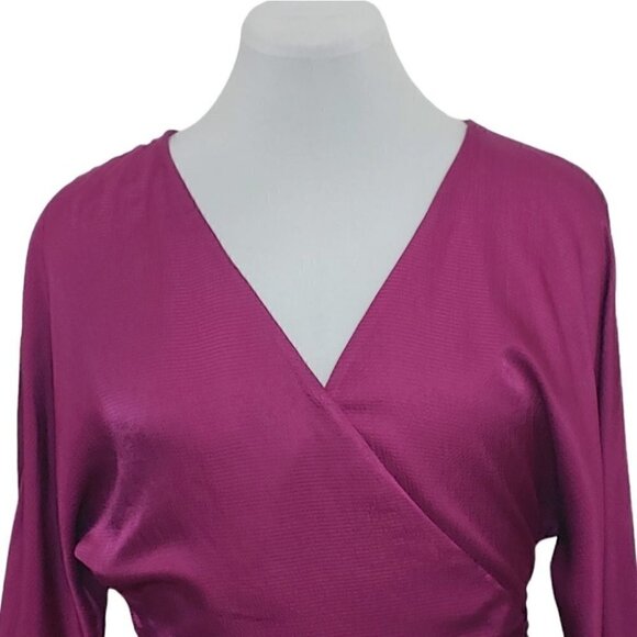 NWT MANGO Purple/fuschia satin wrap batwing crop sleeves blouse - Picture 4 of 15